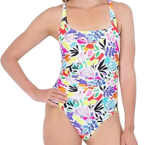 NWT Caribbean Joe Summer Garden Standard Shirred One Piece Swimsuit in Size 14